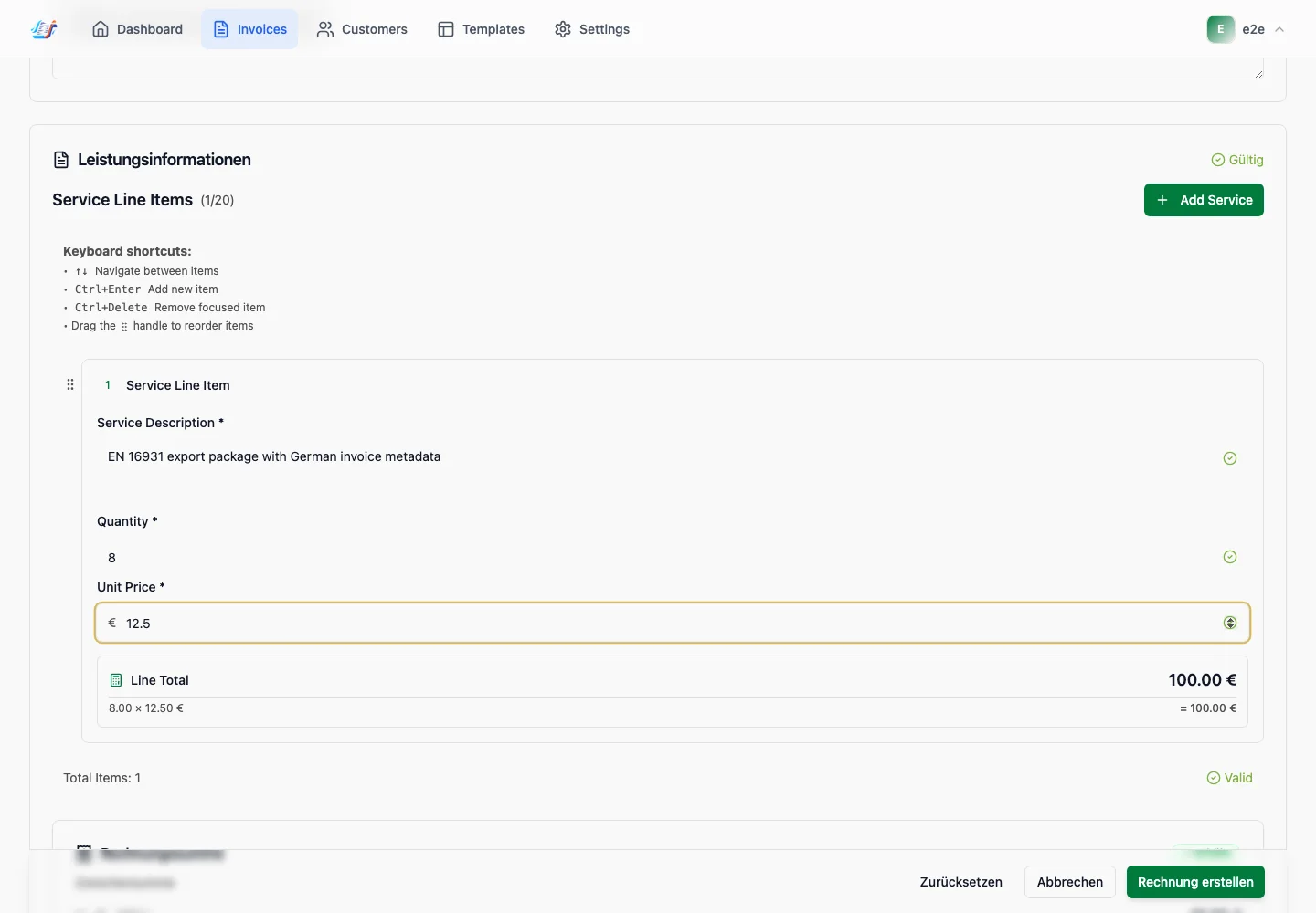 InvoiceLab service-line authoring with fictional test values