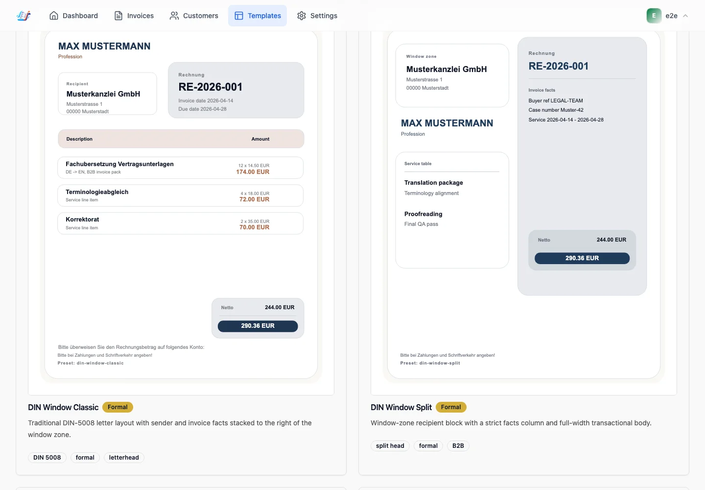 InvoiceLab comparing two invoice layouts using fictional sample data