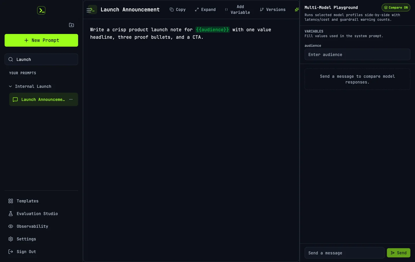 PromptFlow editor with a sample launch prompt and model comparison workspace