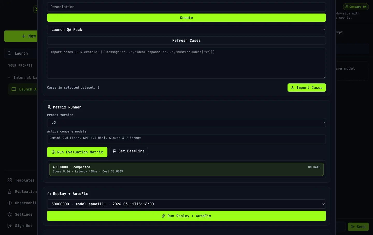 PromptFlow Evaluation Studio with a representative dataset and model matrix